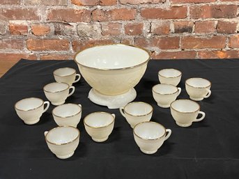 Anchor Hocking Depression Pattern Milk Glass Punch Bowl On Base With 12 Punch Cups