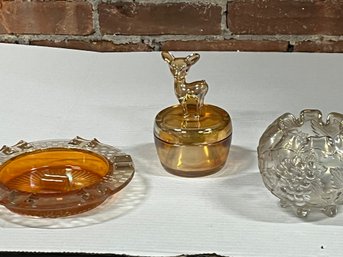 Carnival Glass Lot - Fawn Covered Jar Ashtray Grape Pattern  Iridescent  White Footed Rose  Bowl