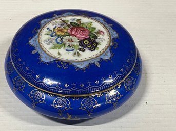 Blue Floral Design Porcelain  Lg Covered  Dresser Box   Signed
