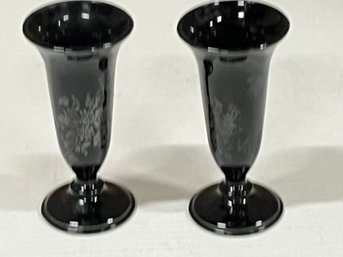Pr Of Black Milk Glass Or Black Amethyst ? With Floral Design