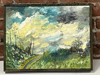 Oil On Board Pastoral Country Scene Painting  1976   Great Skyline  Houses In Background.  Cow Bottom Right