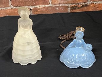 2 Depression Era Glass Lamp Of Woman  Blue Lamp Is Cordered  Satin Glass  One Needs Rewiring And A Socket
