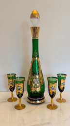 Moser Bohemian Czech Vintage Enamel Painted Decanter With Four Cordial Glasses