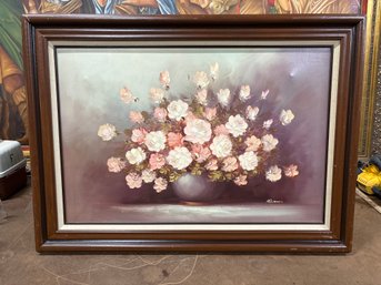 Large Oil Painting On Canvas Of Flowers In A Brown Frame   Signed By Artist