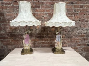 Pair Of Antique Figural Porcelain Boudoir Lamps