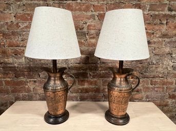 Pair Of Copper Colored Pitcher Table Lamps
