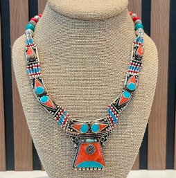 Tibetan-style Necklace With Turquoise And Coral Inlay Silver Plate
