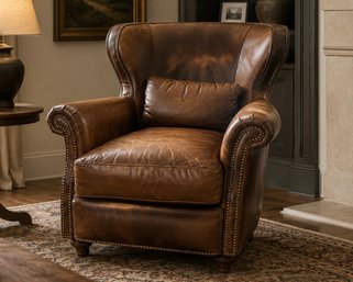 Wingback Distresssed Brown Leather With Brass Nail Heads Lounge Chair From Bradington Young 2 Of 4