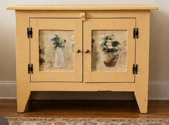 Off-white Primitive Pie Safe Style Cabinet Doors Adorned With Painted Floral Bouquet Details