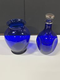 Cobalt Glass Decanter W Stopper And Silver Overlay  And A Cobalt Glass Vase
