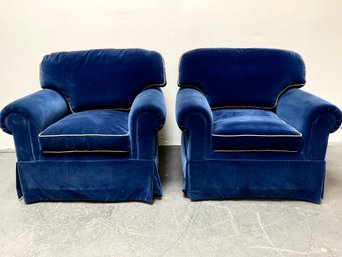 Pair Of Dark Blue Velvet Club Chairs With Gold Roping