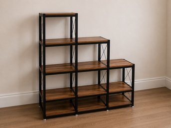 L Shaped Industrial Ladder Bookshelf 9 Cube Storage Bookcase Rustic Brown 1 Of 3