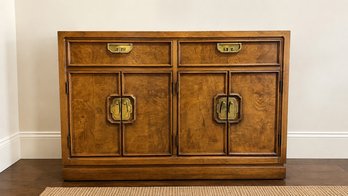 Thomasville Mystique Collection Console Cabinet Burl Walnut Finish Asian-inspired Brass
