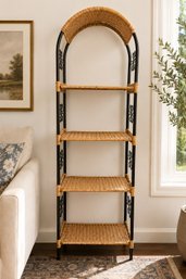 Tall Wicker And Metal Scrolled Shelf