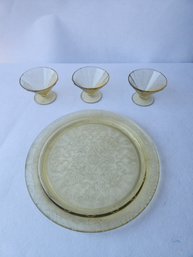 Yellow Glass Plate/Platter And Dessert Cups