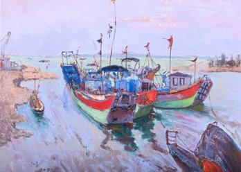 Modernist Original Oil By Artist Xinsheng Zhuang 'Boats 3'