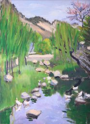 Impressionist Oil Painting By Artist Ze He 'Ducks In Spring'