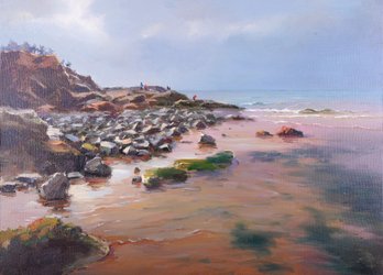 Impressionist Oil On Canvas By Artist Jing Hong 'Beach Scene'