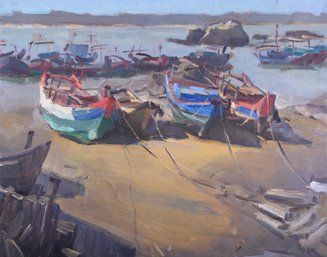 Impressionist Original Oil By Artist Dongxing Huang 'Moored Boats'