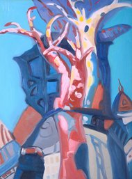 Abstract Original Oil By Artist Dongxing Huang 'Trees On Rocks'