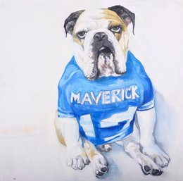 Figurative Original Oil By Artist Jiao Wang 'Dog In Blue Jersey'