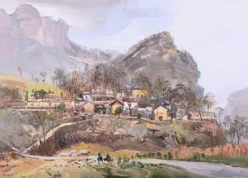 Wang, Qingliang Plein Air Original Oil 'Village On The Slope'