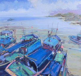 Chen Dejun Modernist Original Oil On Canvas 'Ships'