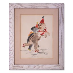 Vintage Cartoon Watercolor On Paper 'Circus Animals'