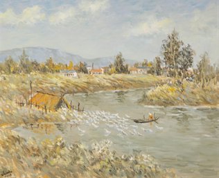 Original Impressionist Oil Painting 'Feed Geese'