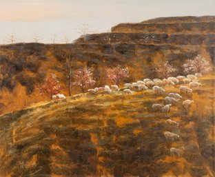 Original Animal Life Oil On Painting 'Sheep On The Mountain'