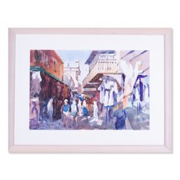 Vintage Modernist Original Watercolor On Paper 'Market Scene'