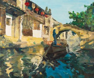 Impressionist Original Oil On Canvas 'Water Town 1'