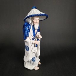 Vintage Blue And White Hand-Painted Porcelain Traditional Asian Wise Man Figurine