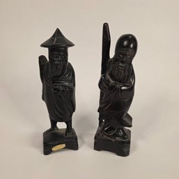 Vintage Hand-Carved Dark Wood Chinese Wisemen - Set Of 2