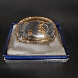 Vintage Rockmount Denver, Colorado Nickel Silver Barrel Racing Rodeo Belt Buckle