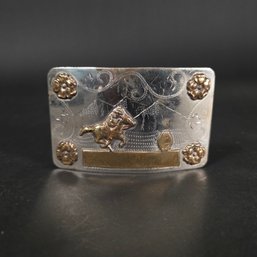 Vintage Recardo Nickel Silver With Bronze Trim Barrel Racing Rodeo Belt Buckle