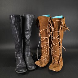Lot Of 2 Women's Boots - Minnetonka Suede Fringe Boots (Sz 7) & Fergalicious Black Buckle Boots (Sz 6)