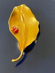 Wells 14K Gold Filled Leaf Brooch - Ladybug