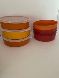 7 Orange, Red, Yellow Stacking Tupperware Bowls