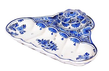 Royal Delft Blue And White Porcelain Inkwell And Pen Tray