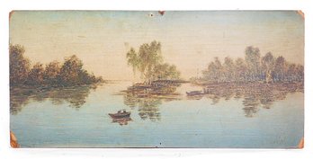 19th C. Landscape Of Lake, Oil On Masonite