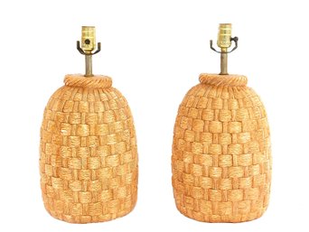 Pair Of MCM Rope Basket Form Ceramic Lamps