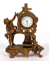 New Haven Clock Co. Gilt Metal Desk Clock With Cherubs