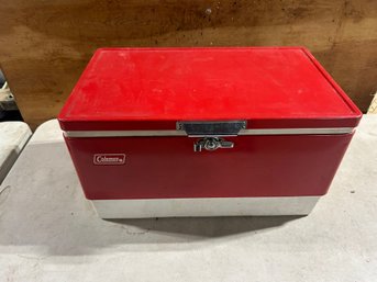 This Is A Vintage Coleman Red And Silver/white Metal Chest Cooler, Likely From The 1970s