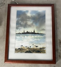 FRAMED Watercolor By Aleksander Pilar -The Skyline Of Tallinn, Estonia 1993