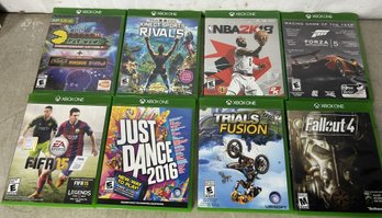 8 Xbox1 Game Lot . Fallout 4, Trails Fusion, Just Dance,nba2k18, Forza 5, King Sport Rivals, Fifa15, Pacman