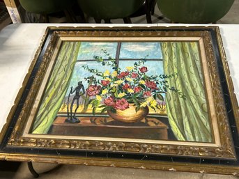 Vintage Framed Still-life Oil Painting Featuring A Bouquet Of Red And Yellow Flowers In A Golden Bowl