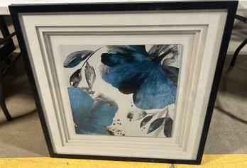 Framed Blue And Grey Floral Watercolor Art Print Featuring A Bold Black Frame With Multi-layered White Matting