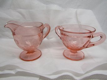 Pink Etched Glass Creamer And Sugar