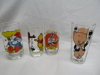 4 Vintage Character Glasses - Smurfs, Pooh, Looney Tunes